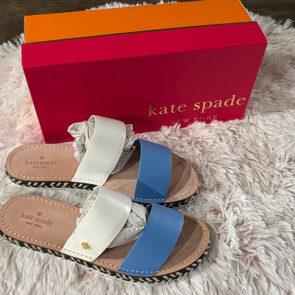 Kate Spade Blue and White Slide Sandals